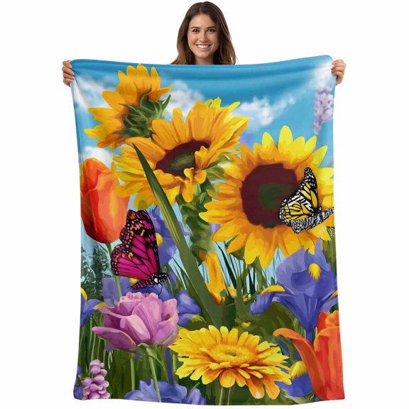 Butterfly Flower Blanket Soft Cozy Warm Throw Blanket for Couch, Plush Fuzzy Flannel Fleece Blankets for Sofa, Watercolor Sunflower Tulips Sky Bed Blankets Lightweight Gifts for Women, 30"x40"