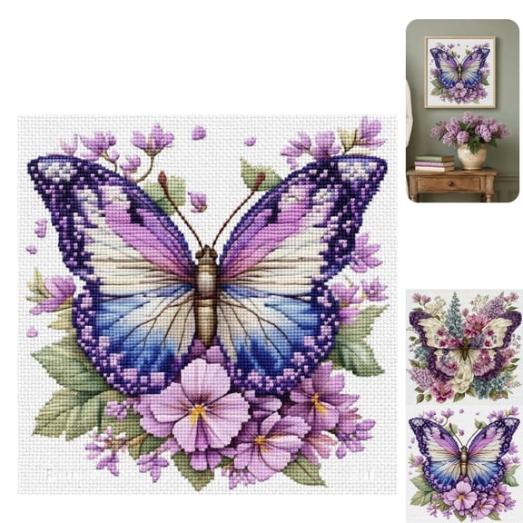 Butterfly Flower Cross Kit, Beginner Embroidery Kit with Pattern, DIY Handmade Needlepoint Art Set for Home Wall Decor B_032