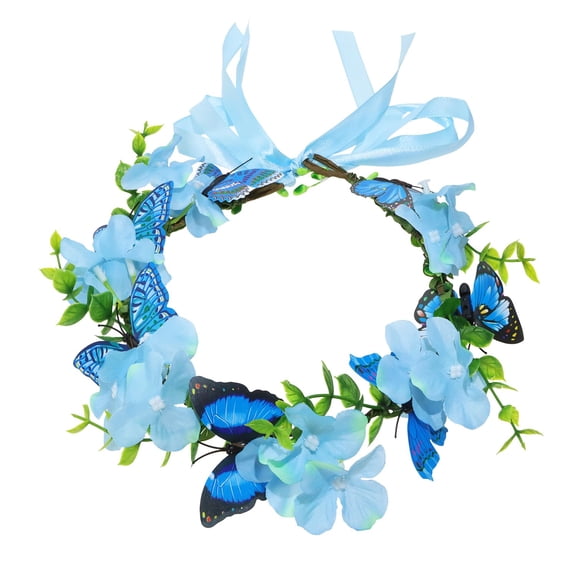 Butterfly & Flower Crown Adjustable Fairy Floral Headband Garland Wreath Headpiece Accessories with Ribbon for Women Adults Bridal Wedding Summer Holiday Vacation Photo Props (Blue, 22cm)