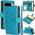 thumbnail image 1 of Butterfly Flower Embossed Wallet Case for Google Pixel 9 Pro XL, PU Leather Case Magnetic Closure Handbag Zipper Pocket Case Kickstand Card Slots with Hand Strap Flip Case for Women Girls, Blue, 1 of 7