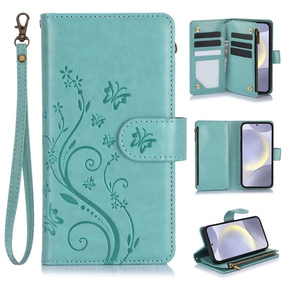 Butterfly Flower Embossed Wallet Case for Samsung Galaxy S23, PU Leather Case Magnetic Closure Handbag Zipper Pocket Case Kickstand Card Slots with Hand Strap Flip Case for Women Girls, Green