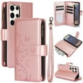thumbnail image 1 of Butterfly Flower Embossed Wallet Case for Samsung Galaxy S25 Ultra, PU Leather Case Magnetic Closure Handbag Zipper Pocket Case Kickstand Card Slots with Hand Strap Flip Case for Women Girls, Rosegold, 1 of 7