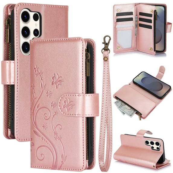 Butterfly Flower Embossed Wallet Case for Samsung Galaxy S25 Ultra, PU Leather Case Magnetic Closure Handbag Zipper Pocket Case Kickstand Card Slots with Hand Strap Flip Case for Women Girls, Rosegold
