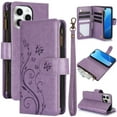 thumbnail image 1 of Butterfly Flower Embossed Wallet Case for iPhone 12 Pro Max, PU Leather Case Magnetic Closure Handbag Zipper Pocket Case Kickstand Card Slots with Hand Strap Flip Case for Women Girls, Purple, 1 of 7