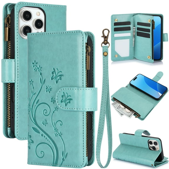 Butterfly Flower Embossed Wallet Case for iPhone 12 Pro Max, PU Leather Case Magnetic Closure Handbag Zipper Pocket Case Kickstand Card Slots with Hand Strap Flip Case for Women Girls, Green