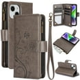 thumbnail image 1 of Butterfly Flower Embossed Wallet Case for iPhone 13, PU Leather Case Magnetic Closure Handbag Zipper Pocket Case Kickstand Card Slots with Hand Strap Flip Case for Women Girls, Gray, 1 of 7