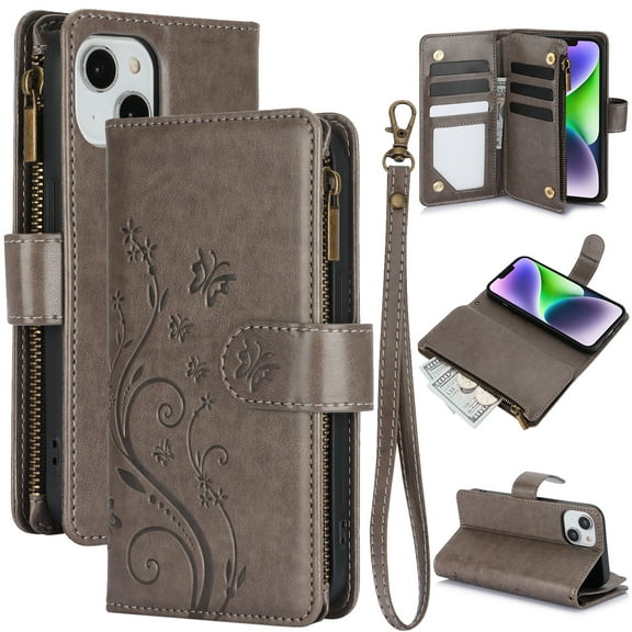 Butterfly Flower Embossed Wallet Case for iPhone 13, PU Leather Case Magnetic Closure Handbag Zipper Pocket Case Kickstand Card Slots with Hand Strap Flip Case for Women Girls, Gray