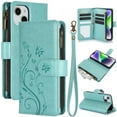 thumbnail image 1 of Butterfly Flower Embossed Wallet Case for iPhone 13, PU Leather Case Magnetic Closure Handbag Zipper Pocket Case Kickstand Card Slots with Hand Strap Flip Case for Women Girls, Green, 1 of 7