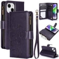 thumbnail image 1 of Butterfly Flower Embossed Wallet Case for iPhone 14, PU Leather Case Magnetic Closure Handbag Zipper Pocket Case Kickstand Card Slots with Hand Strap Flip Case for Women Girls, Darkpurple, 1 of 7