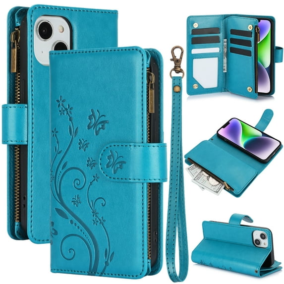 Butterfly Flower Embossed Wallet Case for iPhone 14, PU Leather Case Magnetic Closure Handbag Zipper Pocket Case Kickstand Card Slots with Hand Strap Flip Case for Women Girls, Blue