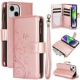 thumbnail image 1 of Butterfly Flower Embossed Wallet Case for iPhone 14, PU Leather Case Magnetic Closure Handbag Zipper Pocket Case Kickstand Card Slots with Hand Strap Flip Case for Women Girls, Rosegold, 1 of 7