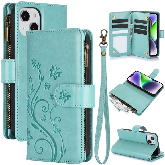 Butterfly Flower Embossed Wallet Case for iPhone 14 Plus, PU Leather Case Magnetic Closure Handbag Zipper Pocket Case Kickstand Card Slots with Hand Strap Flip Case for Women Girls, Green