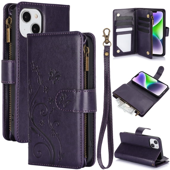 Butterfly Flower Embossed Wallet Case for iPhone 15 Plus, PU Leather Case Magnetic Closure Handbag Zipper Pocket Case Kickstand Card Slots with Hand Strap Flip Case for Women Girls, Darkpurple