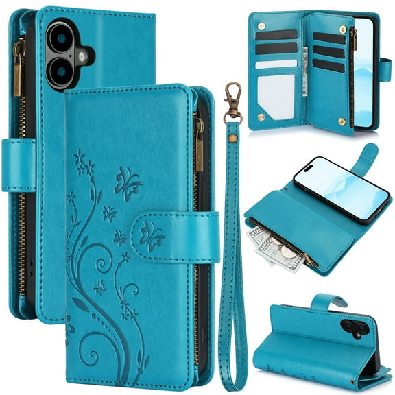 Butterfly Flower Embossed Wallet Case for iPhone 16, PU Leather Case Magnetic Closure Handbag Zipper Pocket Case Kickstand Card Slots with Hand Strap Flip Case for Women Girls, Blue