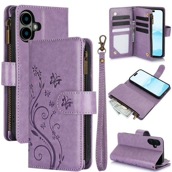 Butterfly Flower Embossed Wallet Case for iPhone 16, PU Leather Case Magnetic Closure Handbag Zipper Pocket Case Kickstand Card Slots with Hand Strap Flip Case for Women Girls, Purple