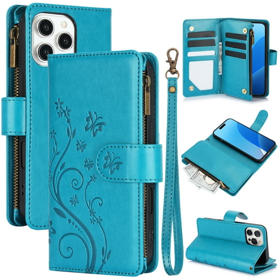 Butterfly Flower Embossed Wallet Case for iPhone 16 Pro, PU Leather Case Magnetic Closure Handbag Zipper Pocket Case Kickstand Card Slots with Hand Strap Flip Case for Women Girls, Blue