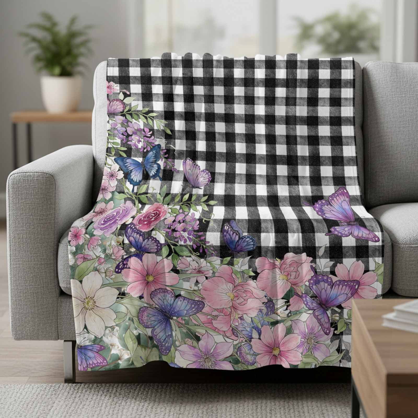Butterfly Flower Fleece Throw Blanket Watercolor Pink Rose Floral Black ...
