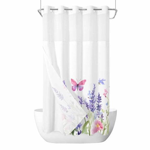 Butterfly Flower No Hooks Shower Curtain with Snap-in Liner Spring Pink Purple Lavender Floral Oil Painting Style Shower Curtains for Bathroom, Waterproof, Easy Install, Washable 36"x72"
