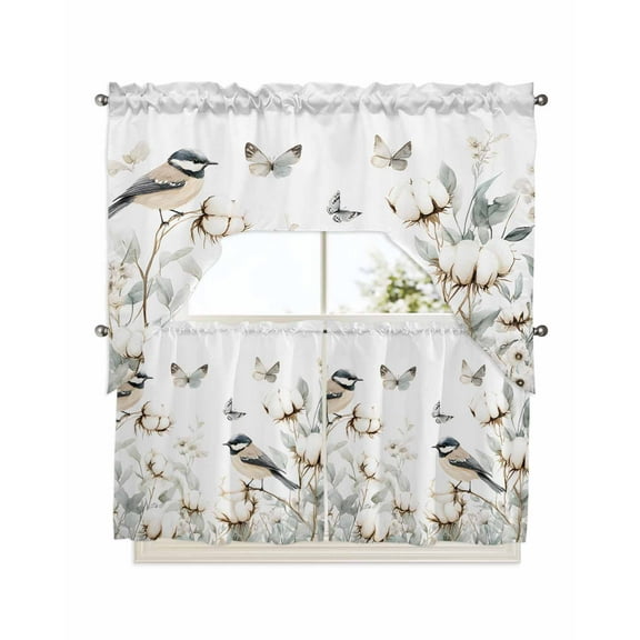 Butterfly Flower Kitchen Curtain and Valance Set 3 Pieces,Rod Pocket Short Tier Curtains 24 Inch Length,Cotton Rustic Watercolor Leaf Floral Swag Topper Small Window Treatment for Cafe Bathroom