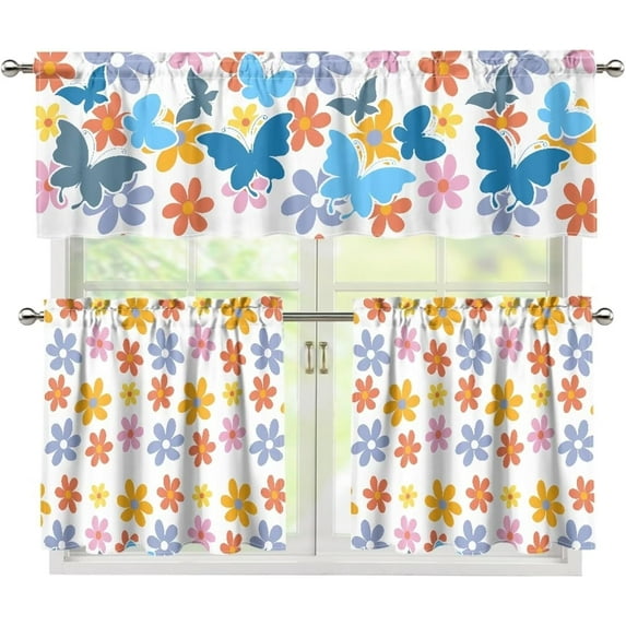Butterfly Flower Kitchen Curtain Valance and Tiers Set Durable Kitchen Window Curtains Over Sink Stain Resistant Lightproof Window Curtain for Kitchen Set of 3
