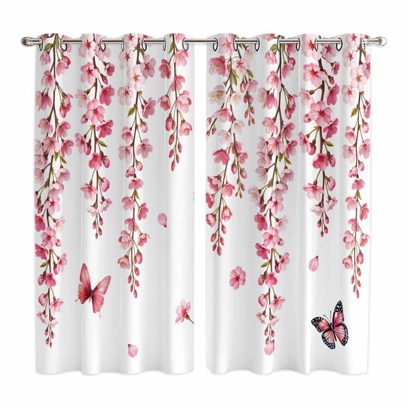 Butterfly Flower Kitchen Curtains Window Panels, Watercolor Farmhouse Country Pink Floral Insulated Window Treatment Curtain, Grommet Curtains for Bedroom/Living Room/Bathroom, 2 Piece 42"Wx63"L