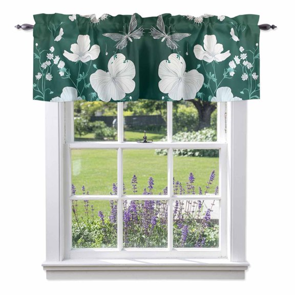 Butterfly Flower Kitchen Valances, Spring White Floral Green Grass Leaf Vintage Rod Pocket Window Valance 18 Inch Long, Window Curtain Panels for Living Room Bedroom Laundry, 54x18in
