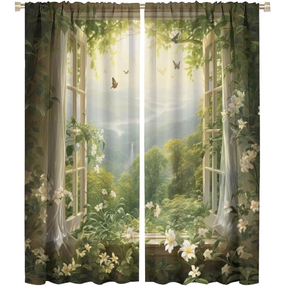 Butterfly Flower Landscape Curtain, Sun Rays Vines Climb Window Frame, Living Room Blackout Curtain 2 Pieces 42x54in