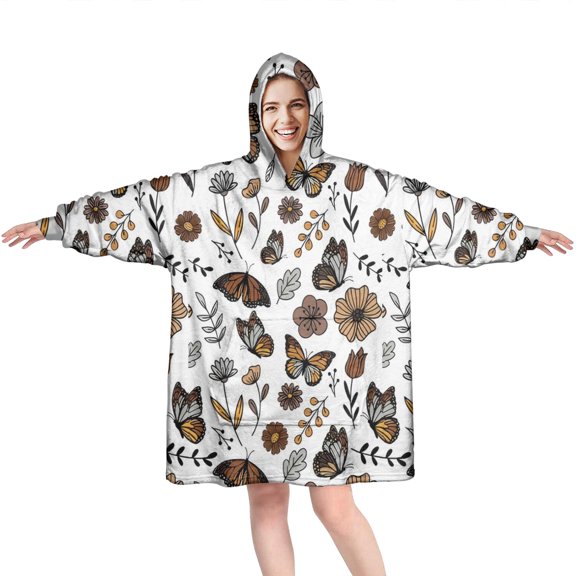 Butterfly Flower Leaf Pattern Wearable Oversized Blanket,Wearable Blanket Hoodie for Adults,Cozy Hooded Blankets with Super Pockets,Super Warm Fuzzy Pullover for Women & Men