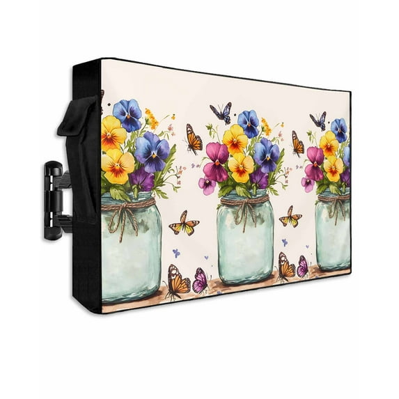 Butterfly Flower Outdoor TV Cover 52 to 55 Inch Weatherproof, Retro Purple Blue Yellow Bottle Floral 600D Oxford TV Covers with Waterproof Zipper, Outside Flat TV Screen Protector 52"Wx19"Hx4.5"D