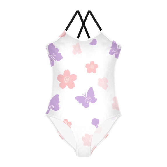 Butterfly Flower Pattern Girls' One-Piece Swimwear 3T-10T Soft Stretchy ...