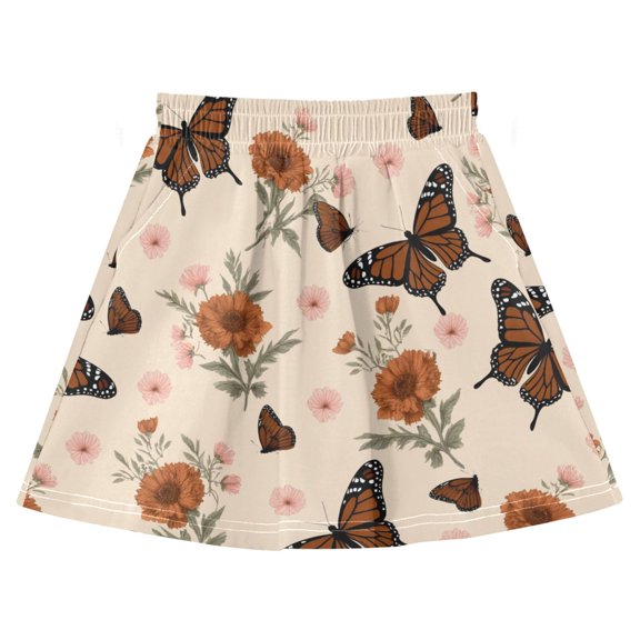 Butterfly Flower Pattern Print Cotton Skirt Built-in Liner Elastic A-Line Flared Skirt with Pockets