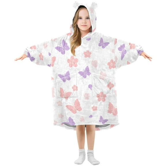 Butterfly Flower Pattern ﻿Wearable Blankets Hoodie Oversize Sherpa Wearable Soft Blanket Warm Cozy 3-14 Age