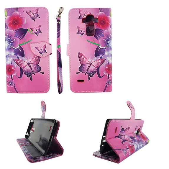 Butterfly Flower Pink Wallet Folio Case for LG G Stylo LS770 Stylus Fashion Flip PU Leather Cover Card Cash Slots & Stand