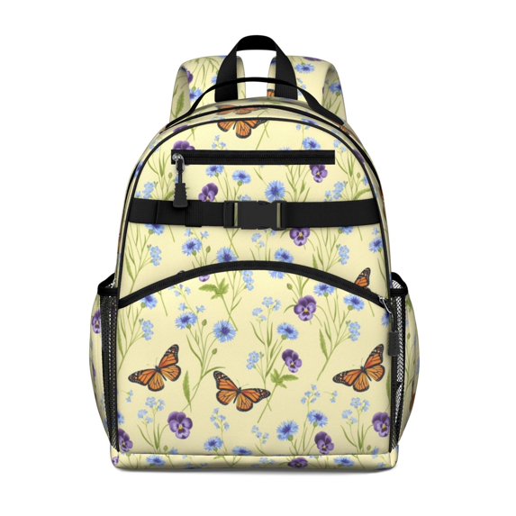 Butterfly Flower Plant Pattern Cute School Backpack Bag for School with Padded Back and Adjustable Shoulder Straps 15.25"x11.5"x5.25"