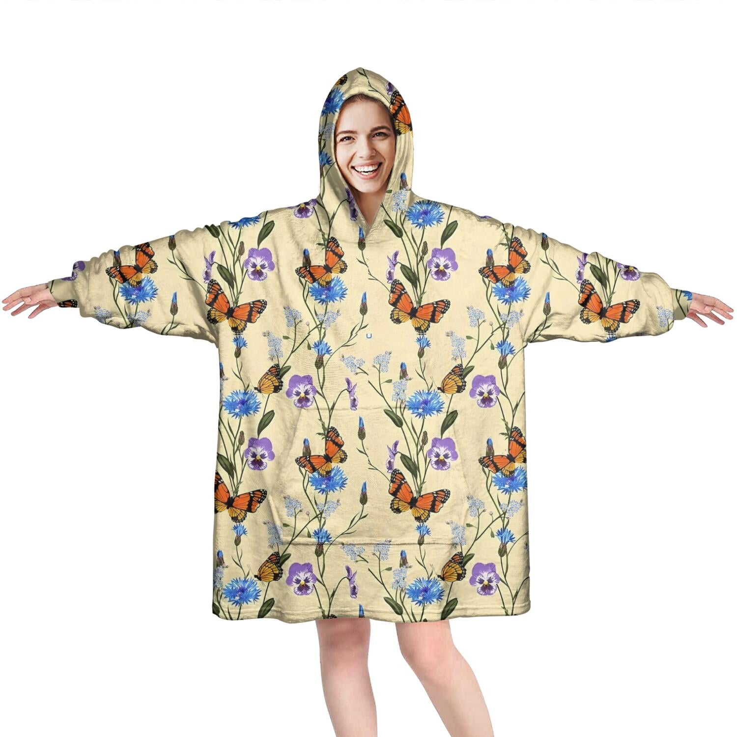 Butterfly Flower Plant Pattern Wearable Oversized Blanket,Wearable Blanket Hoodie for Adults,Cozy Hooded Blankets with Super Pockets,Super Warm Fuzzy Pullover for Women & Men