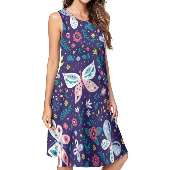 Butterfly Flower Purple Spring Summer Dresses for Women Fashion T-shirt Dress Casual Sleeveless Loose Sundress with Pockets
