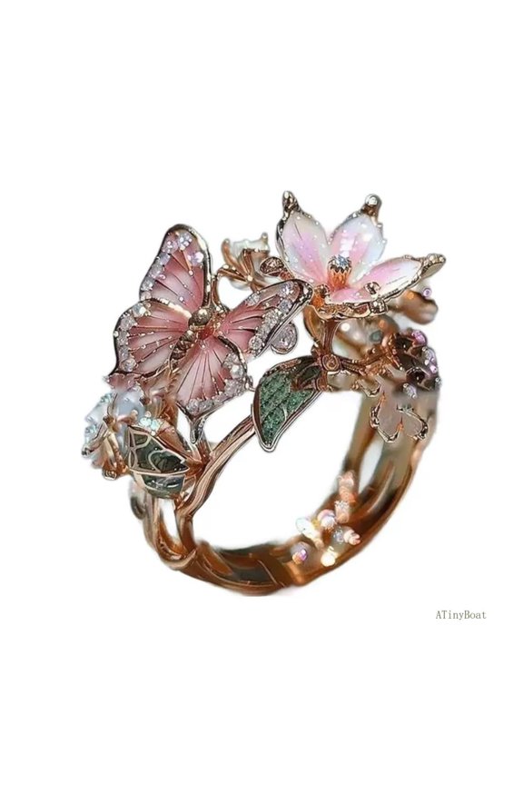 Butterfly Flower Ring for Women, Adjustable Enamel Open Ring with Crystal, Pink Butterfly Jewelry Gift