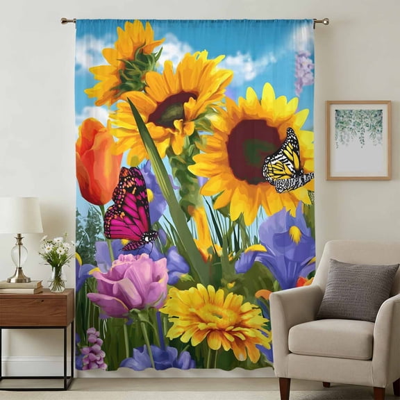 Butterfly Flower Sheer Curtains 45 Inches Long, Watercolor Sunflower Tulips Sky Light Filering Curtains, Breathable Simi Curtain Privacy Drapes for Kitchen Bathroom Lightweight Small Window Treatment