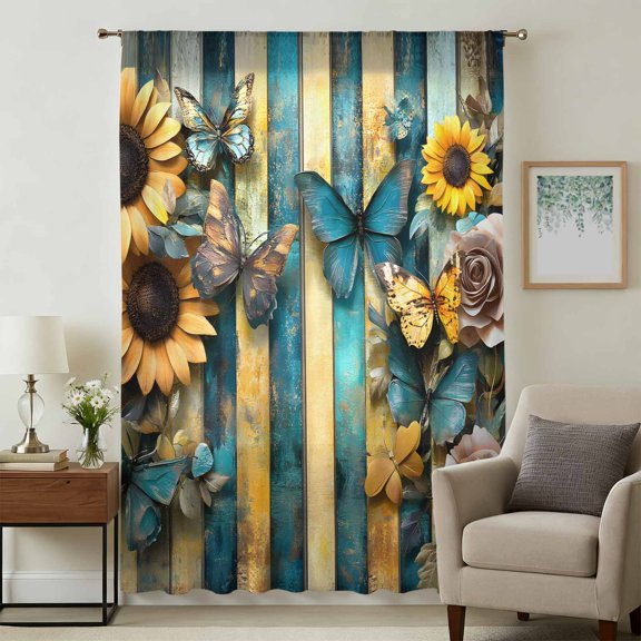 Butterfly Flower Sheer Curtains 54 Inches Long, Yellow Teal Vertical Striped Vintage Light Filering Curtains, Breathable Simi Curtain Privacy Drapes for Kitchen Bathroom Small Window Treatment