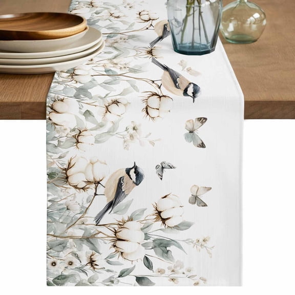 Butterfly Flower Short Table Runner 36 Inches Long,Cotton Rustic Watercolor Leaf Floral Cotton Linen Table Runners Dresser Scarves,Fabric Tabletop Scarf Furniture Cover for Home Dinner Party 13"x36"