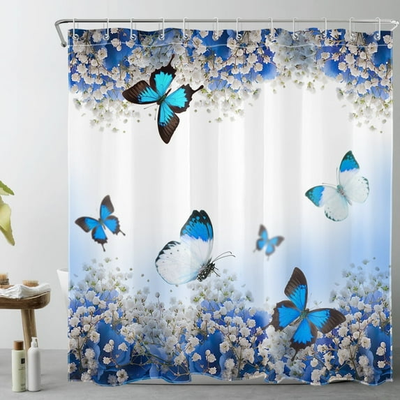 Butterfly and Flower Shower Curtain for Bathroom Blue and White Floral Plant Bathroom Shower Curtain Nature Flower Shower Curtain Decor Accessories with 12 Hooks 72x72 Inches