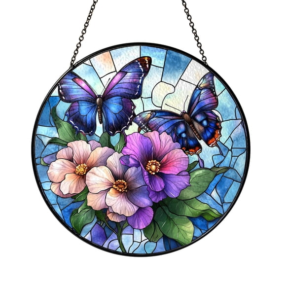 Butterfly Flower Stained Glass Panel Vibrant Floral Design Window Hanging Decor Cheerful Home Accent