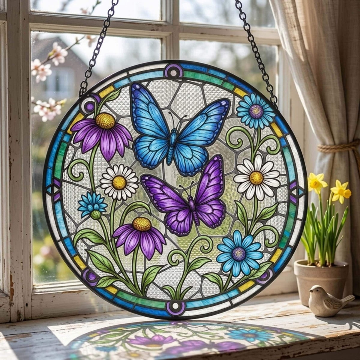 Window Flower Glass Butterfly Flower Stained Glass Window Hanging Gift Vibrant Colors ...