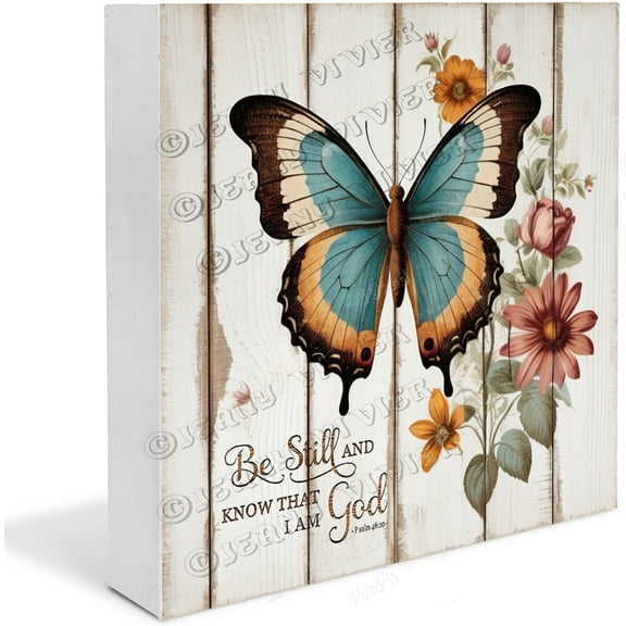 Butterfly & Flower Be Still And Know That I Am God Rustic Farmhouse Wooden Box Sign Desk Decor Inspirational Table Blessed Signs Motivational Decor 5"x5"