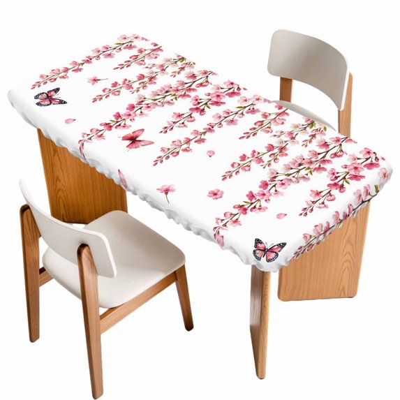 Butterfly Flower Table Cloths for 4 Foot Rectangle Tables, Watercolor Farmhouse Country Pink Floral Patio Waterproof Elastic Fitted Tablecloths, Washable Rectangular Table Cover for Camping