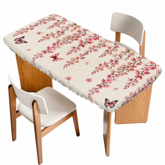 Butterfly Flower Table Cloths for 6 Foot Rectangle Tables, Farmhouse Country Pink Floral on Linen Patio Waterproof Elastic Fitted Tablecloths, Washable Rectangular Table Cover for Camping