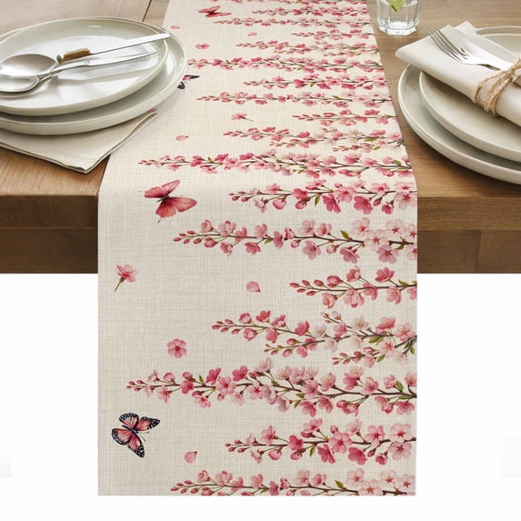 Butterfly Flower Table Runner - 108 Inch Long, Kitchen Dining Table Runner Dresser Scarves, Farmhouse Country Pink Floral on Linen Farmhouse Decor for Coffee Tables Wedding Party Banquet