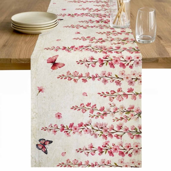 Butterfly Flower Table Runner - 70 Inch Long Farmhouse Vintage Country Pink Floral Cotton and Linen Blended Dress Scarves Farmhouse Table Runner for Kitchen Dining, Coffee Table, 13" x 70"