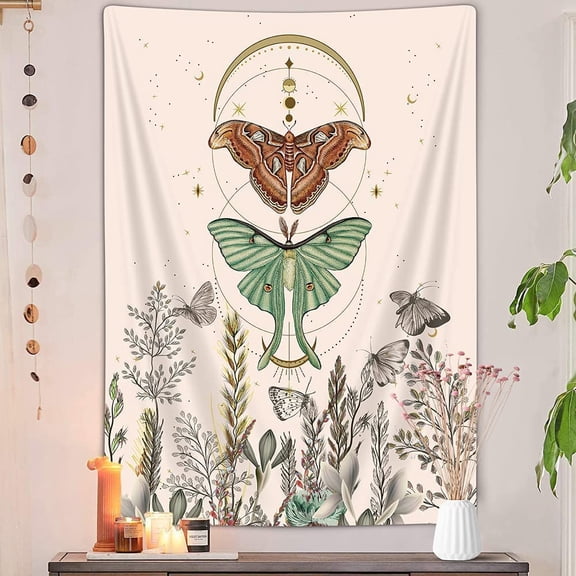 Butterfly and Flower Tapestry, Moon Phase Floral Tapestries, Wildflower Aesthetic Insect Art Poster Tapestry Wall Hanging for Bedroom Dorm Living Room, Mandala Boho Hippie Beige Tapestry, 40X60IN