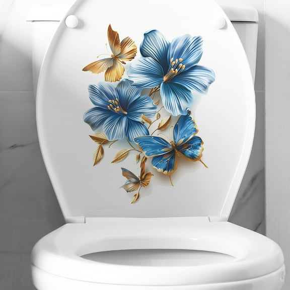 Butterfly Flower Toilet Stickers, Butterflies Art Toilet Lid Decals Removable Vinyl Peel and Stick Wall Stickers for Bathroom Restroom WC Bathtubs Door Furniture Home Decoration